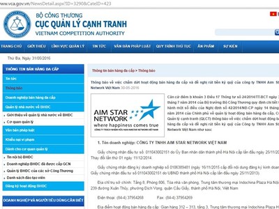 Chấm dứt hoạt động bán hàng đa cấp của Aim Star Network Việt Nam
