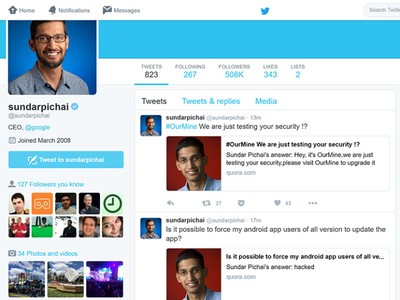 Nhóm hacker OurMine để lại thông điệp trên tài khoản mạng xã hội của CEO Google