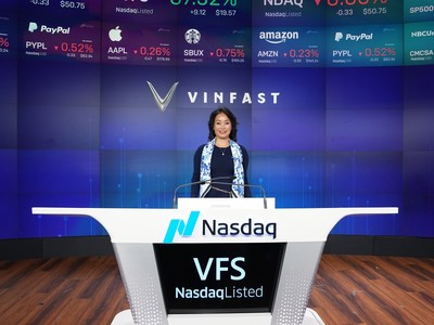 Bà Lê Thị Thu Thủy, Tổng giám đốc toàn cầu VinFast tại buổi VinFast chính thức niêm yết trên sàn chứng khoán Nasdaq (Mỹ).