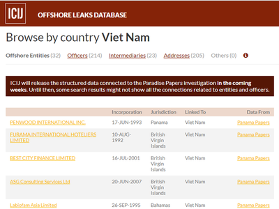 Danh sách 32 thực thể nước ngoài liên quan đến Việt Nam được công bố trên trang web offshoreleaks.icij.org. (Nguồn: ICIJ)