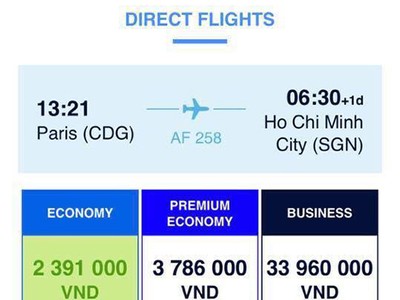 Giá khứ hồi cho một chuyến bay thẳng Paris - Tp. HCM của Air France hiển thị trên ứng dụng đặt vé trên điện thoại của hãng vào ngày 14/2. Ảnh chụp màn hình.