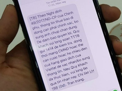 Nhà mạng nhắn tin thông báo tới khách hàng việc phải cập nhật hình ảnh chân dung. Ảnh: TT