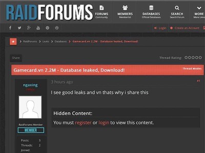 Trang Raidforums rao bán dữ liệu khách hàng của gamecard.vn