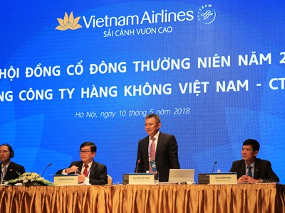 Ông Dương Trí Thành, Tổng giám đốc Vietnam Airlines đang phát biểu tại đại hội. Ảnh: Anh Tú