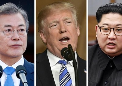 Tổng thống Hàn Quốc Moon Jae-in, Tổng thống Mỹ Donald Trump và lãnh đạo Triều Tiên Kim Jong-un. Ảnh: CNN. 