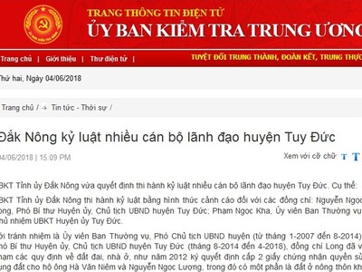 Cảnh cáo Chủ tịch UBND huyện và Chủ nhiệm Ủy ban Kiểm tra huyện Tuy Đức, Đắk Nông