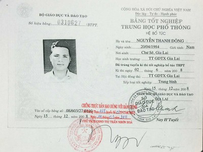 Bằng tốt nghiệp THPT giả của ông Nguyễn Thanh Đông.