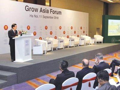 Trong chương trình Diễn đàn Kinh tế thế giới về ASEAN năm 2018 (WEF ASEAN 2018), sáng 11/9/2018, tại Hà Nội, đã chính thức khai mạc Diễn đàn Tăng trưởng châu Á 2018 với chủ đề "Đổi mới để tạo ra thay đổi: Khám phá và truyền cảm hứng". Trong ảnh: Phó thủ tướng Trịnh Đình Dũng phát biểu tại Diễn đàn. Ảnh: Lâm Khánh - TTXVN