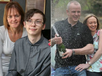 Chị Dawn và con trai (bên trái) vẫn hy vọng nhận được tiền "bù đắp" từ anh Neil (hình phải - anh Neil cùng bạn gái bật sâm panh mừng trúng số năm 2014). Ảnh: The Mirror.