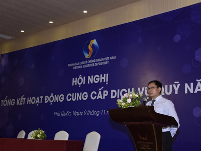 Ông Nguyễn Sơn, Chủ tịch Hội đồng quản trị VSD phát biểu tại hội nghị