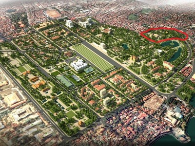 Trụ sở Bộ NN&PTNT (vùng màu đỏ) nằm trong quy hoạch khu chính trị Ba Đình. Ảnh: Bộ Xây dựng.