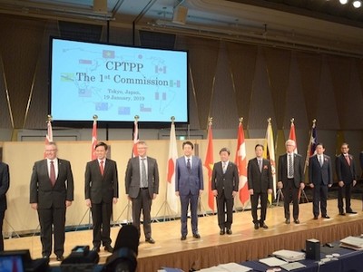 Bộ trưởng 11 nước thành viên CPTPP tham dự phiên họp đầu tiên của Hội đồng CPTPP tại Tokyo ngày 19/1.Ảnh: TG&VN.