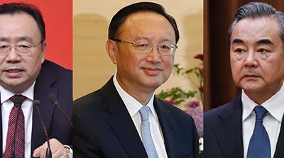 Từ trái qua phải, Tề Ngọc, bí thư đảng ủy của Bộ Ngoại giao; Dương Khiết Trì, trưởng ban Đối ngoại Trung ương và Ngoại trưởng Vương Nghị. Ảnh: Xinhua.