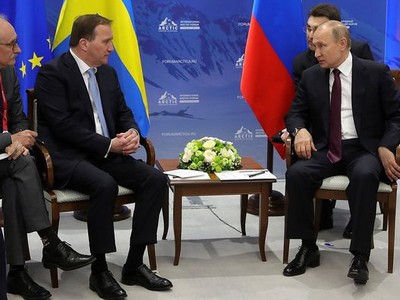 Tổng thống Nga Vladimir Putin đã có cuộc gặp với Thủ tướng Thụy Điển Stefan Leven ngày 9/4. (Ảnh:  Kremlin).