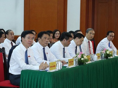 Ủy viên Bộ Chính trị, Bí thư Trung ương Đảng, Trưởng ban Tuyên giáo Trung ương Võ Văn Thưởng cùng các đại biểu dự Đại hội.