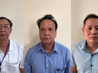 Các bị can: Võ Thanh Bình, Lê Văn Trang, Nguyễn Thái Thanh (từ trái qua).