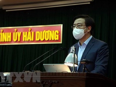 Ủy viên Trung ương Đảng, Bí thư Tỉnh ủy Hải Dương Phạm Xuân Thăng phát biểu tại Hội nghị. (Ảnh: Mạnh Tú/TTXVN).