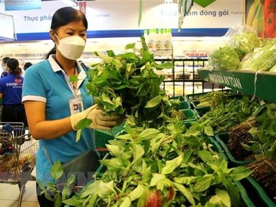 Tình nguyện viên tăng cường đi chợ giúp người dân mua hàng hóa, thực phẩm trong những ngày thực hiện giãn cách xã hội. (Ảnh: Thanh Vũ/TTXVN).