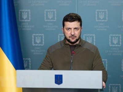 Tổng thống Ukraine Volodymyr Zelensky phát biểu tại Kiev, Ukraine, ngày 18/3/2022. (Ảnh: AFP/TTXVN).