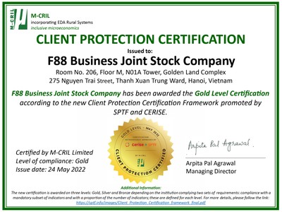F88 là đơn vị duy nhất tại Việt Nam được trao chứng chỉ Vàng về Bảo vệ Khách hàng