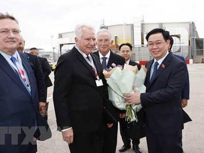 Phó Chủ tịch Quốc hội Hungary Istvan Jakab đón Chủ tịch Quốc hội Vương Đình Huệ tại sân bay quốc tế Budapest Liszt Ferenc. (Ảnh: Doãn Tấn/TTXVN).