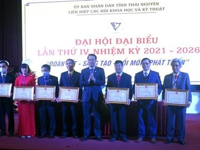 Ông Dương Văn Lượng trao Bằng khen cho các cá nhân thuộc Liên hiệp các hội khoa học và kỹ thuật Thái Nguyên, ngày 20/1/2022. (Ảnh: Trần Trang/TTXVN)