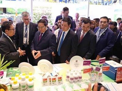 Thủ tướng Phạm Minh Chính thăm gian hàng của doanh nghiệp tại triển lãm kinh tế xanh 2022.