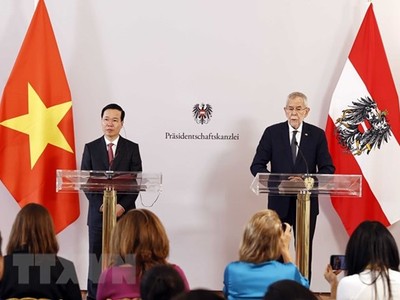 Chủ tịch nước Võ Văn Thưởng và Tổng thống Cộng hòa Áo Alexander Van der Bellen gặp gỡ báo chí. (Ảnh: Thống Nhất/TTXVN).