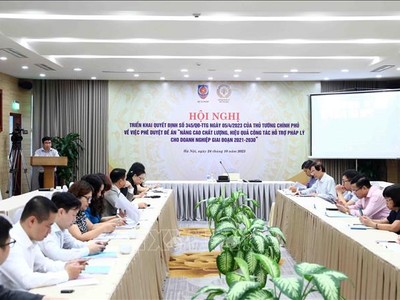 Hội nghị triển khai Quyết định số 345/QĐ-TTg ngày 5/4/2023 của Thủ tướng Chính phủ về việc phê duyệt Đề án “Nâng cao chất lượng, hiệu quả công tác hỗ trợ pháp lý cho doanh nghiệp giai đoạn 2021-2030”. (Ảnh: TTXVN).