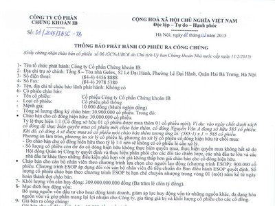 CTCP Chứng khoán IB (IBSC - mã VIX): Thông báo phát hành cổ phiếu ra công chúng