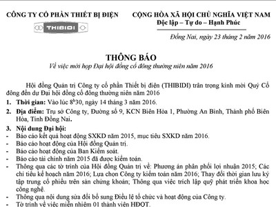 CTCP Thiết bị điện thông báo mời họp ĐHĐCĐ năm 2016