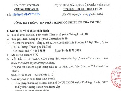 CTCP Chứng khoán IB thông báo phát hành cổ phiếu để trả cổ tức