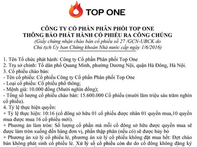 TOP ONE thông báo phát hành cổ phiếu ra công chúng