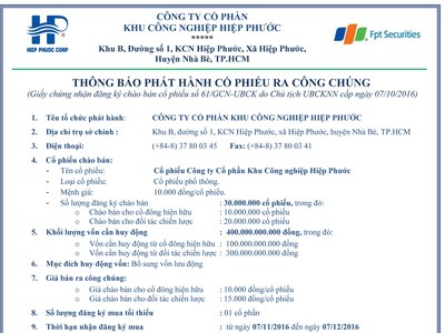 Công ty cổ phần Khu Công nghiệp Hiệp Phước thông báo phát hành cổ phiếu ra công chúng