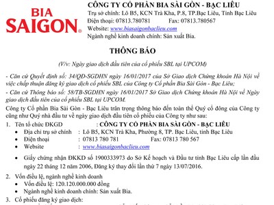 Thông báo ngày giao dịch đầu tiên của cổ phiếu Bia Sài Gòn - Bạc Liêu (SBL) tại UPCoM