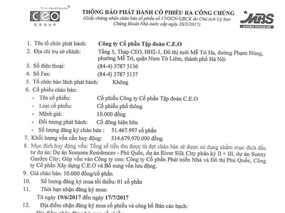 CEO Group thông báo phát hành cổ phiếu ra công chúng