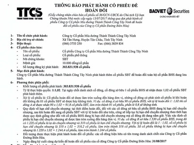 CTCP Mía đường Thành Thành Công Tây Ninh (SBT) thông báo phát hành cổ phiếu để hoán đổi