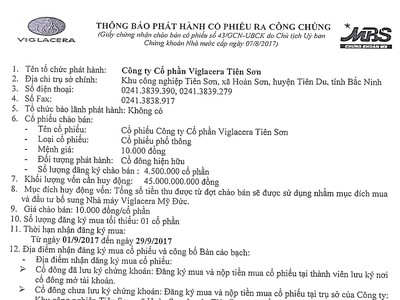 CTCP Viglacera Tiên Sơn thông báo phát hành cổ phiếu ra công chúng