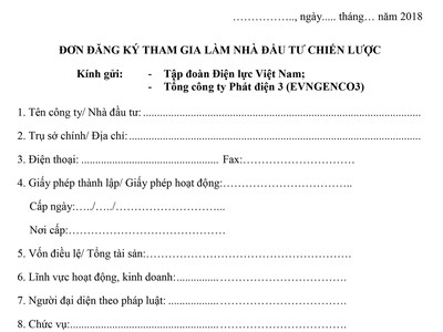 Mẫu đơn đăng ký làm nhà đầu tư chiến lược Tổng công ty Phát điện 3