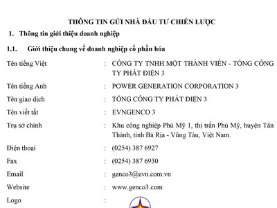 Thông tin về Tổng công ty Phát điện 3 gửi nhà đầu tư chiến lược 