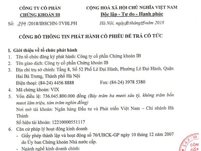 CTCP Chứng khoán IB thông báo phát hành cổ phiếu để trả cổ tức