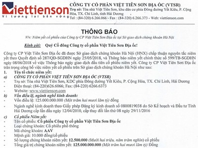 Công ty cổ phần Việt Tiên Sơn Địa ốc thông báo niêm yết cổ phiếu tại Sở GDCK Hà Nội