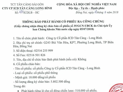 CTCP ICD Tân Cảng Long Bình thông báo phát hành cổ phiếu ra công chúng
