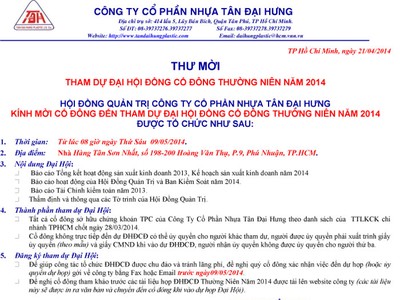 TPC: Thư mời tham dự ĐHĐCĐ thường niên 2014