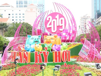 Ngắm “anh chàng, cô nàng” heo vàng tại đường hoa Nguyễn Huệ 