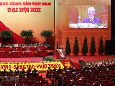 Đại hội nghe Tổng Bí thư Ban Chấp hành Trung ương Đảng, Chủ tịch nước CHXHCN Việt Nam Nguyễn Phú Trọng đọc Báo cáo chính trị của Ban Chấp hành Trung ương Đảng khóa XII và các văn kiện trình Đại hội. (Ảnh: TTXVN)