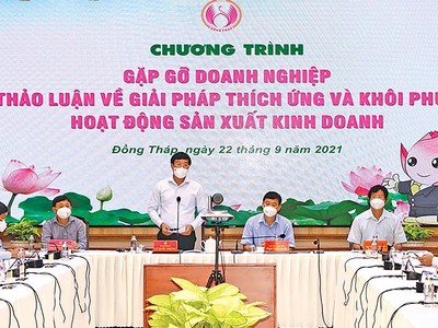 Lãnh đạo tỉnh Đồng Tháp gặp gỡ doanh nghiệp thảo luận về giải pháp thích ứng và khôi phục hoạt động sản xuất - kinh doanh. Ảnh: Nguyệt Ánh