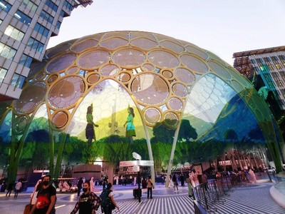 Bộ phim ngắn “Truyền thuyết dân gian Con Rồng Cháu Tiên” chiếu lên mái vòm Al Wasl. (Ảnh: Ban Tổ chức cung cấp)