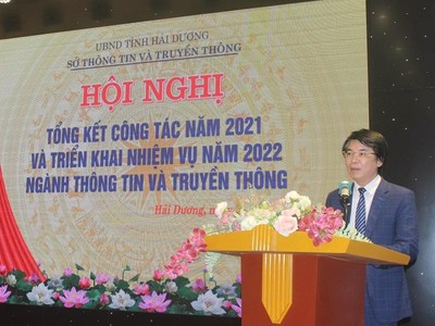 Ông Nguyễn Cao Thắng, Giám đốc Sở Thông tin Truyền thông Hải Dương phát biểu tại Hội nghị. Ảnh: Trọng Thắng