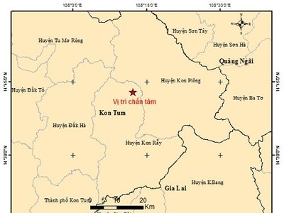 Tọa độ vị trí động đất tại huyện Kon Rẫy, tỉnh Kon Tum. Sơ đồ: Viện Vật lý địa cầu.